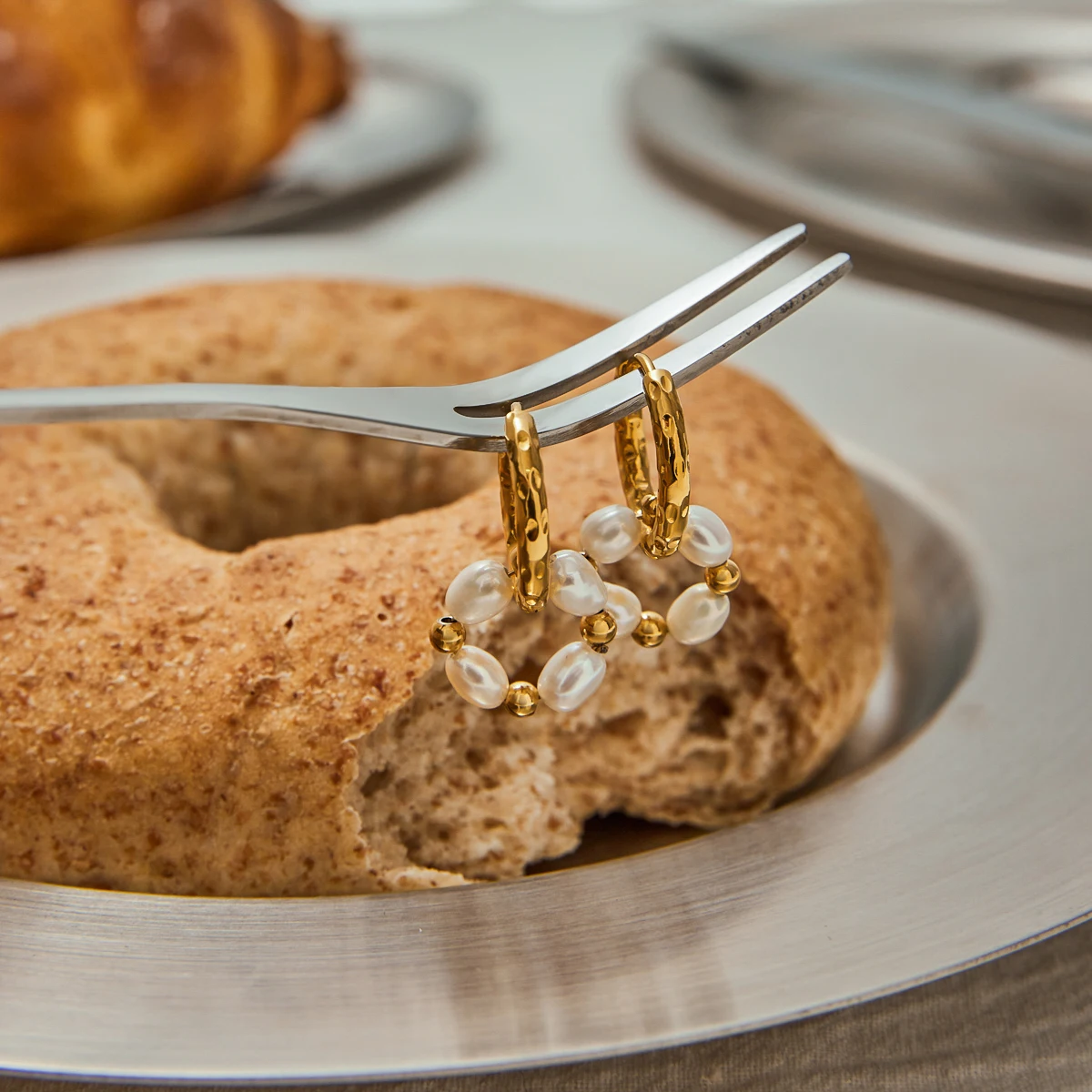 Gold-Tone Stainless Steel Pearl Hoop Earrings 4 Gold-Tone Stainless Steel Pearl Hoop Earrings - Image 4