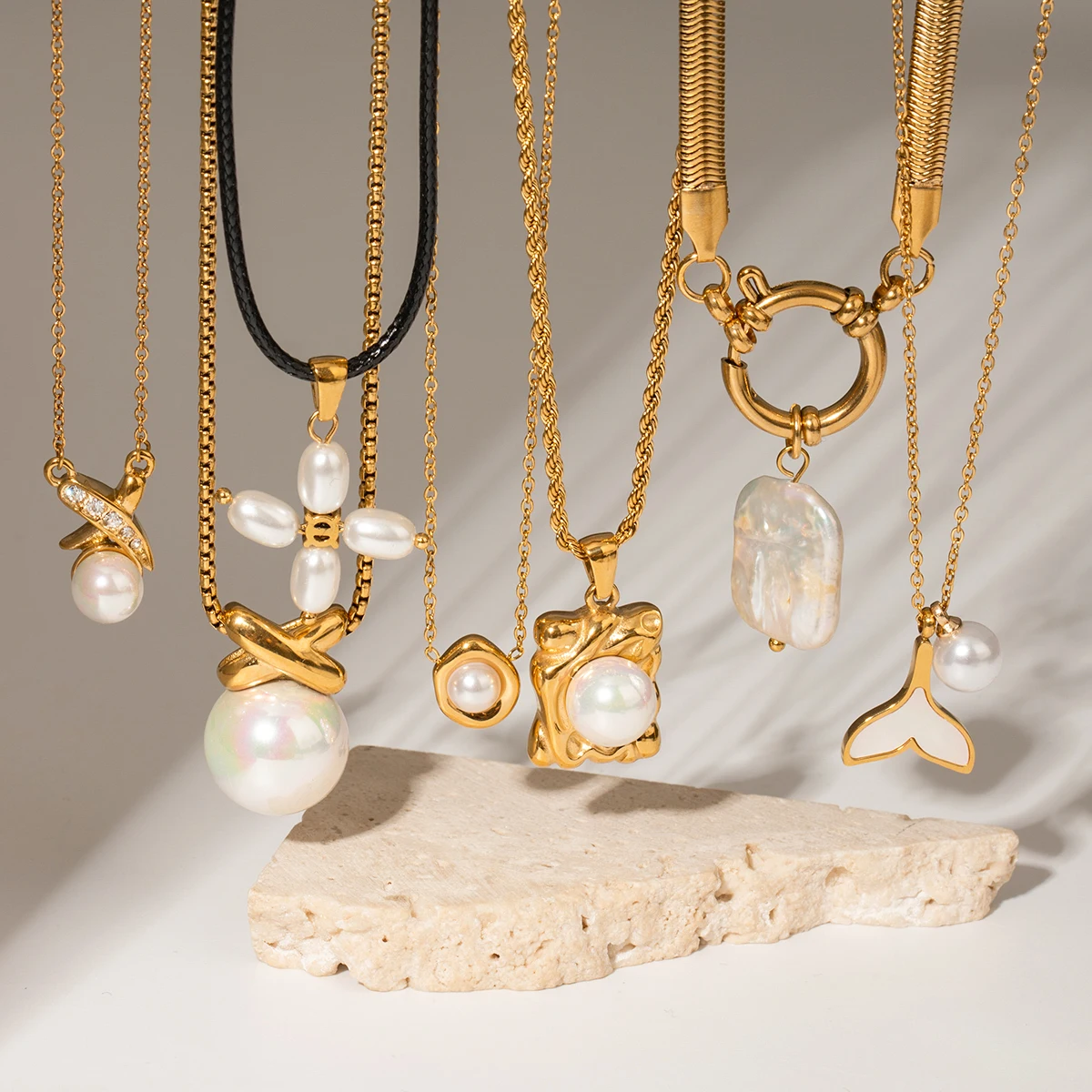 Elegant Stainless Steel Gold Pearl Necklace 2 Elegant Stainless Steel Gold Pearl Necklace - Image 2