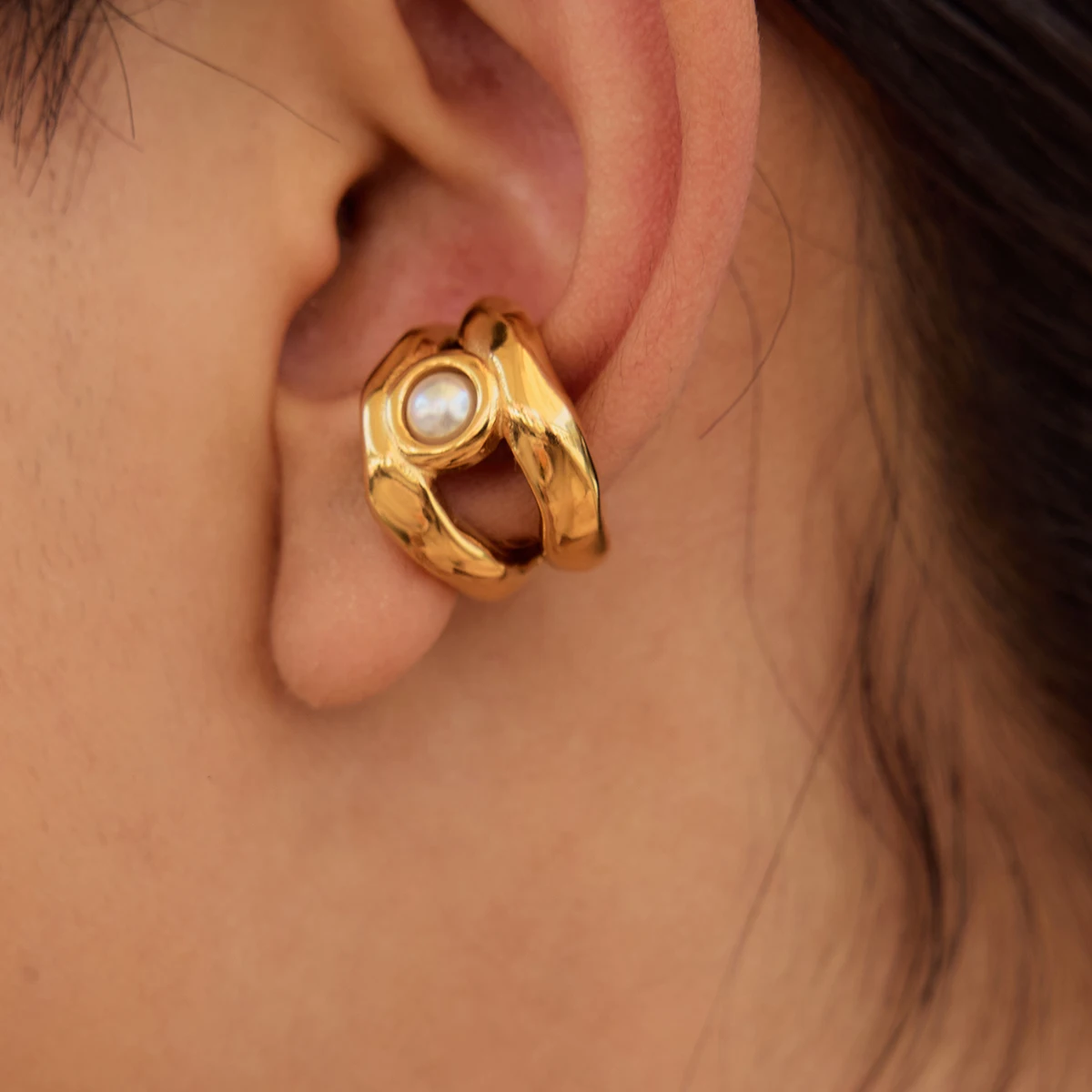 Elegant Gold Pearl Stainless Steel Earrings 3 Elegant Gold Pearl Stainless Steel Earrings - Image 3