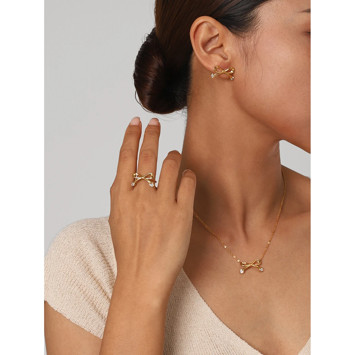 Stainless Steel Gold-Tone Bowknot Jewelry Set 4 Stainless Steel Gold-Tone Bowknot Jewelry Set - Image 4