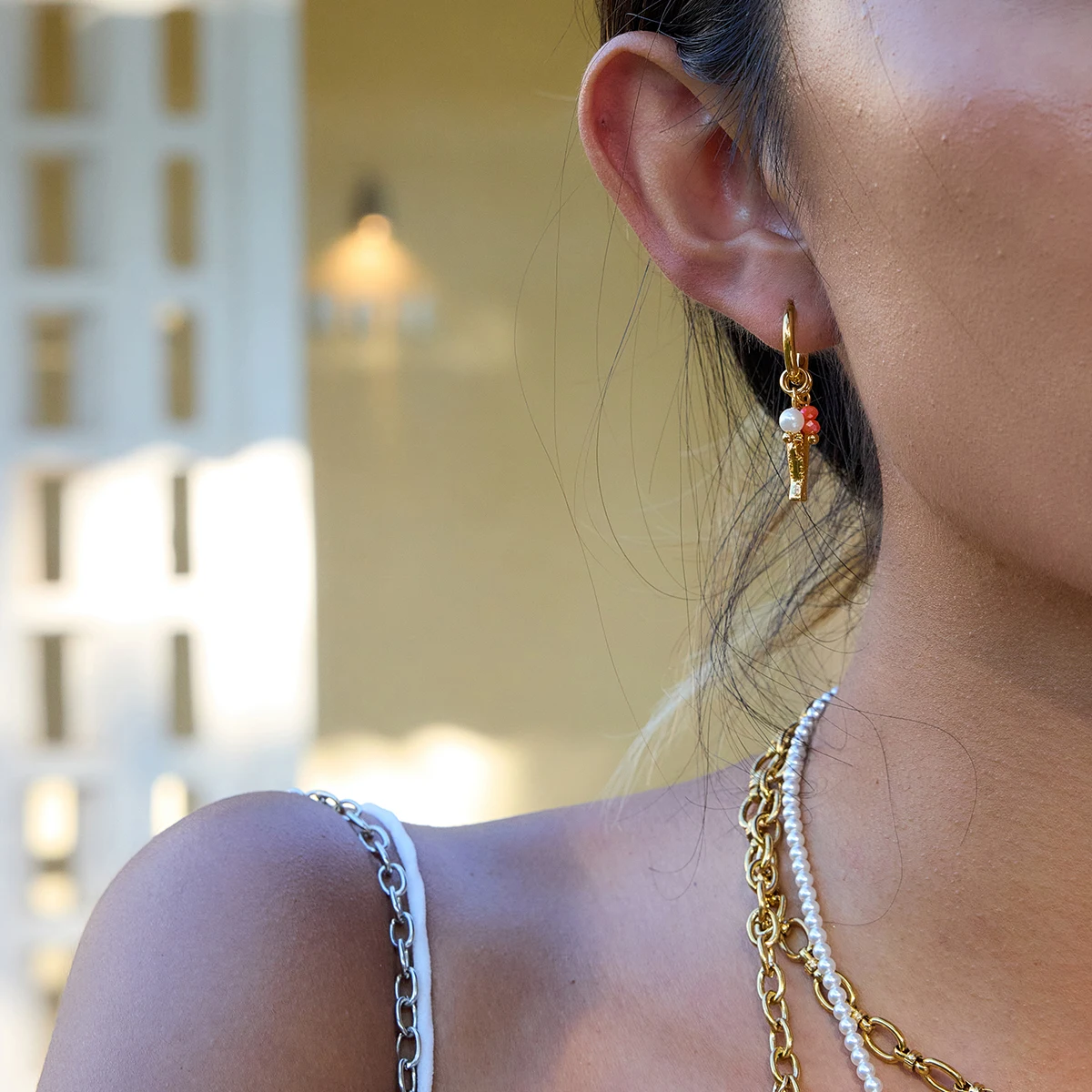 Stainless Steel Drop Earrings with Pearl and Charm 3 Stainless Steel Drop Earrings with Pearl and Charm - Image 3