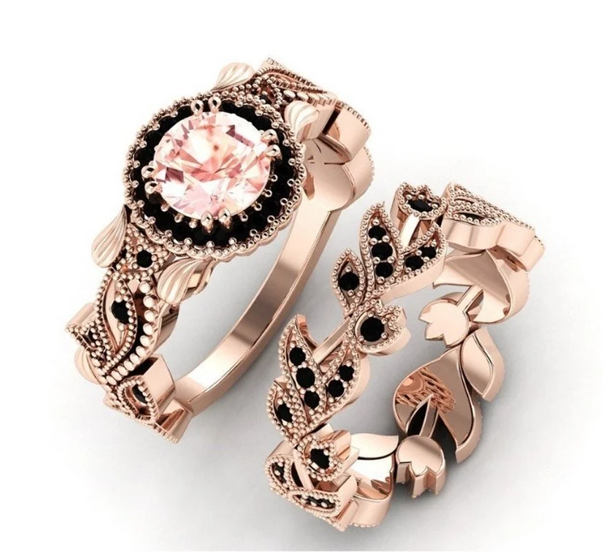 Vintage Rose Gold Floral Ring Set for Women 2 Vintage Rose Gold Floral Ring Set for Women - Image 2