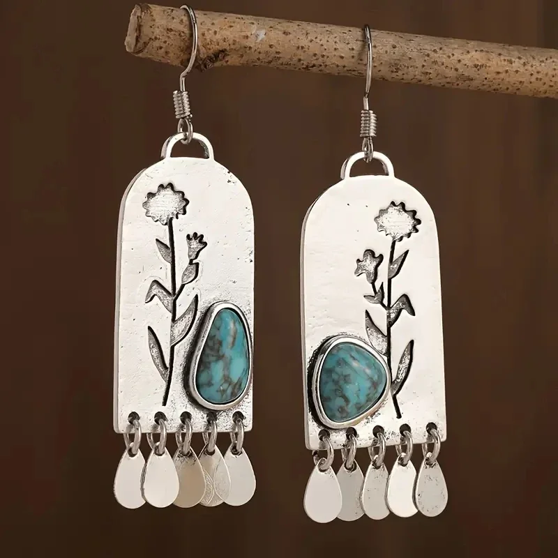 Geometric Drop Earrings with Turquoise Inlay 2 Geometric Drop Earrings with Turquoise Inlay - Image 2