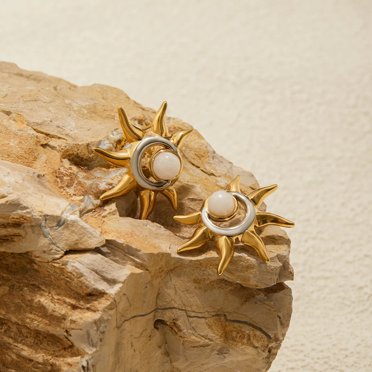 Celestial Sun & Moonstone Earrings in Stainless Steel 4 Celestial Sun & Moonstone Earrings in Stainless Steel - Image 4