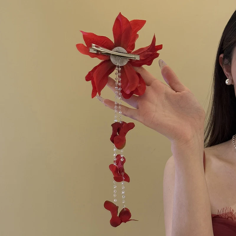 Red Flower Hairpin with Cascading Beads 4 Red Flower Hairpin with Cascading Beads - Image 4