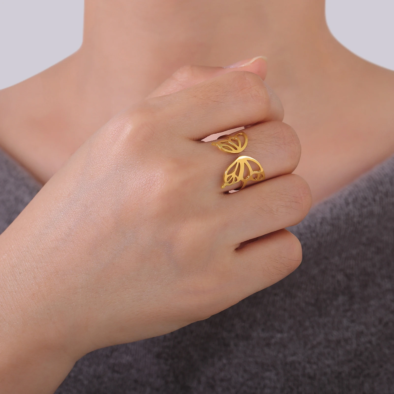 Elegant Resizable Butterfly Ring in Gold & Steel 3 Elegant Resizable Butterfly Ring in Gold & Steel - Image 3