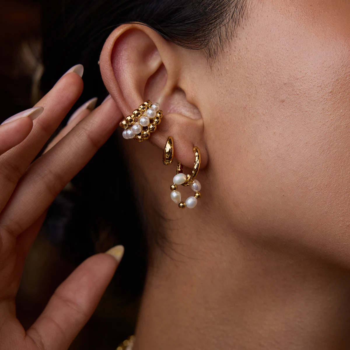 Gold-Tone Stainless Steel Pearl Hoop Earrings 6 Gold-Tone Stainless Steel Pearl Hoop Earrings - Image 6