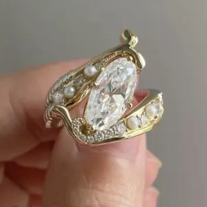 Gold Women's Cocktail Ring with Zircon & Pearls 5 Sa86c24afd5604f2abe9dbcc60bb0eedcX