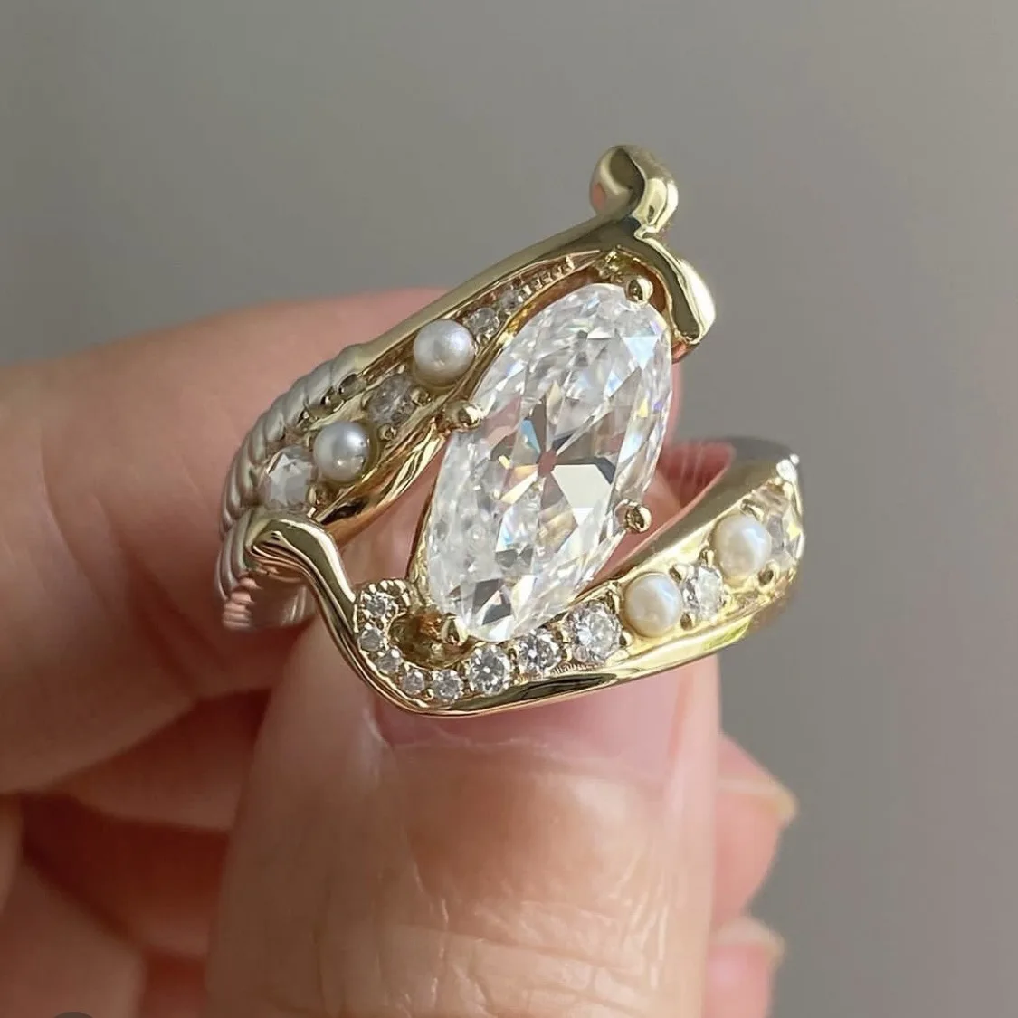 Gold Women's Cocktail Ring with Zircon & Pearls 3 Gold Women's Cocktail Ring with Zircon & Pearls - Image 3