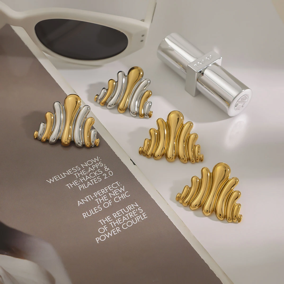 Modern Gold-Toned Stainless Steel Wave Earrings 3 Modern Gold-Toned Stainless Steel Wave Earrings - Image 3