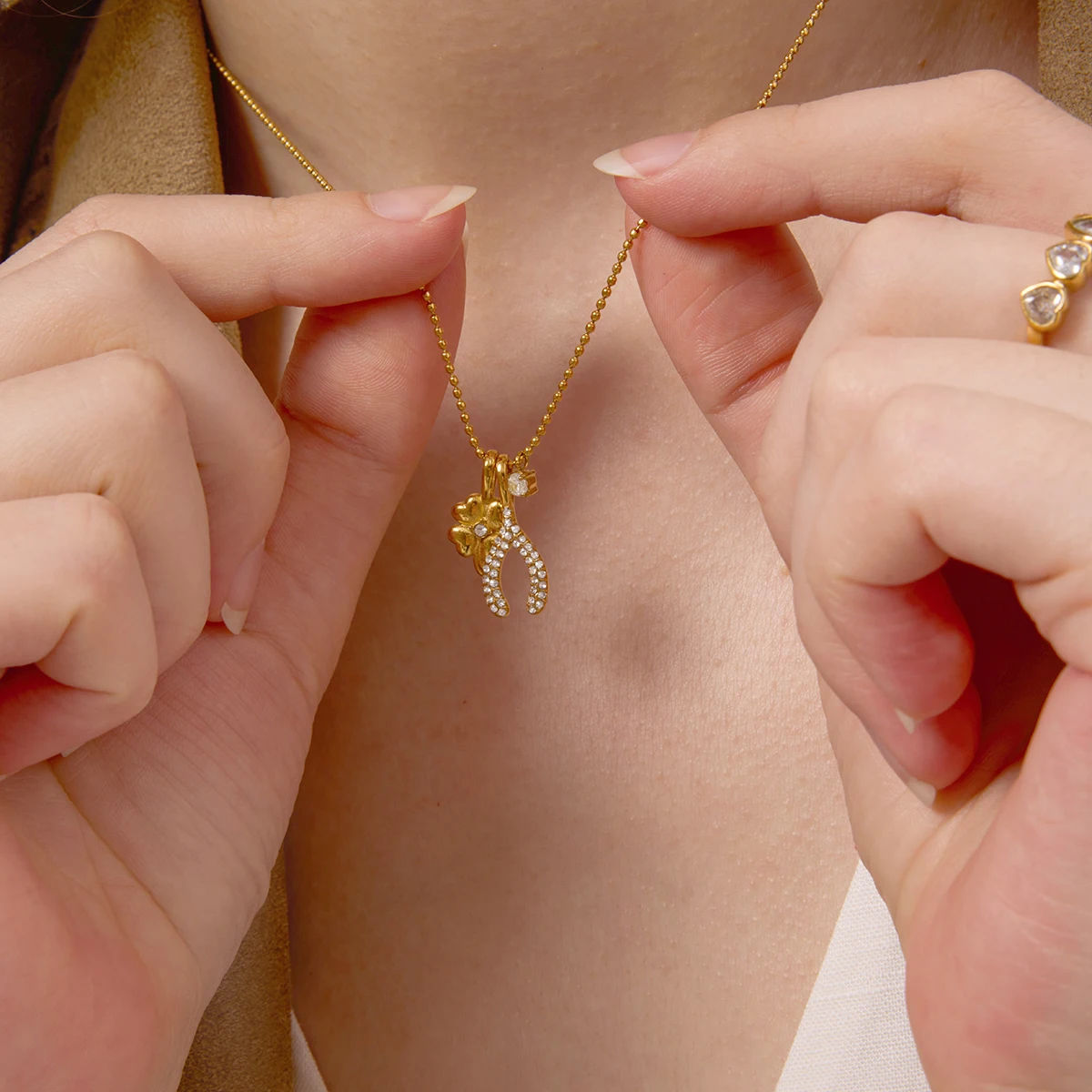 Gold-Tone Stainless Steel Necklace with Charms 2 Gold-Tone Stainless Steel Necklace with Charms - Image 2