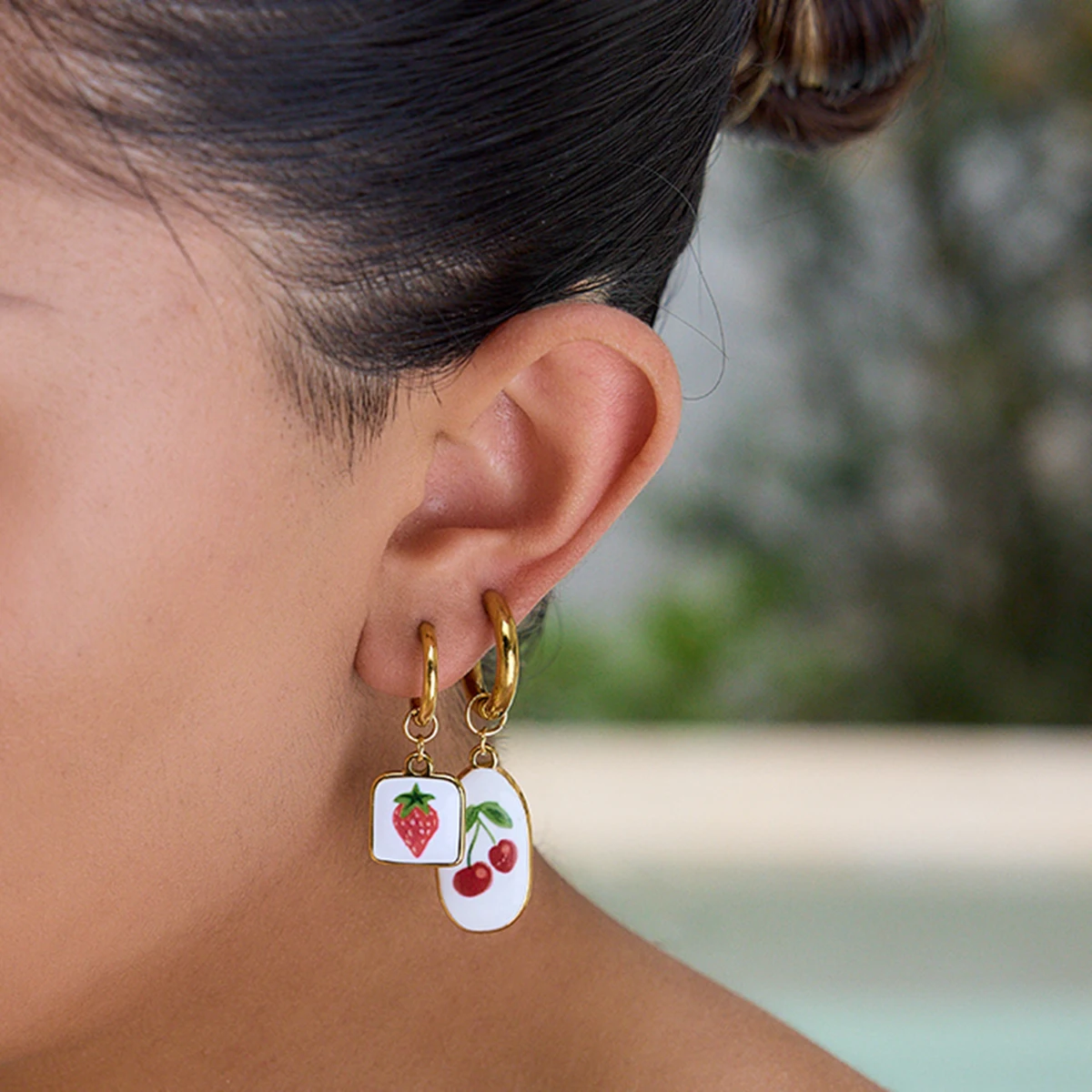 Stainless Steel Cherry Hoop Earrings JDE0205002 2 Stainless Steel Cherry Hoop Earrings JDE0205002 - Image 2