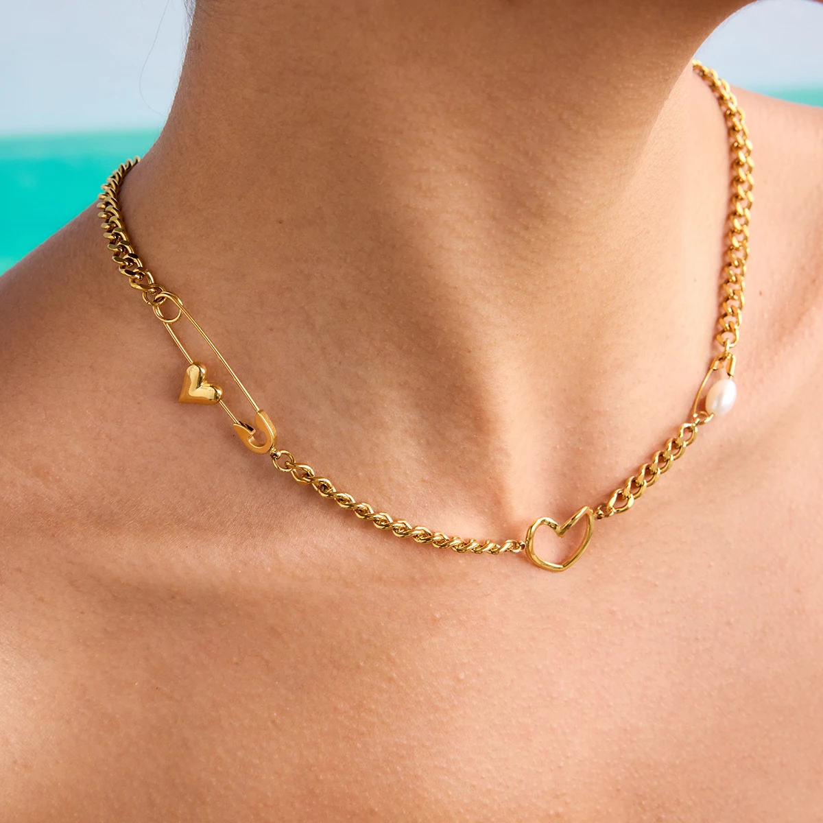 Stainless Steel Pearl Necklace with Heart Clasp 3 Stainless Steel Pearl Necklace with Heart Clasp - Image 3