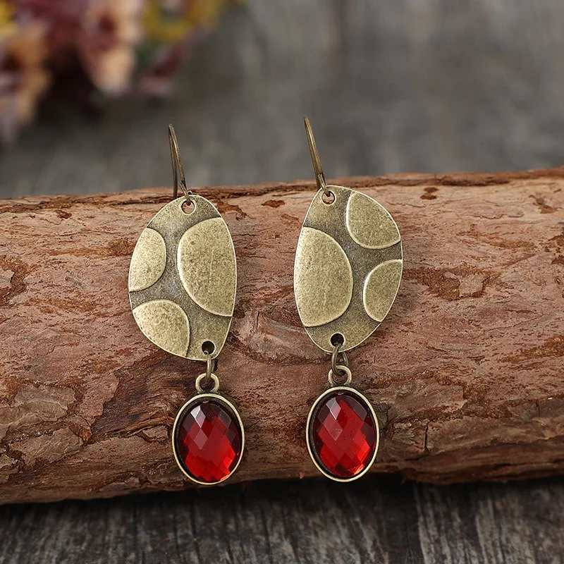 Ethnic Bronze Drop Earrings with Red Stone 2 Ethnic Bronze Drop Earrings with Red Stone - Image 2