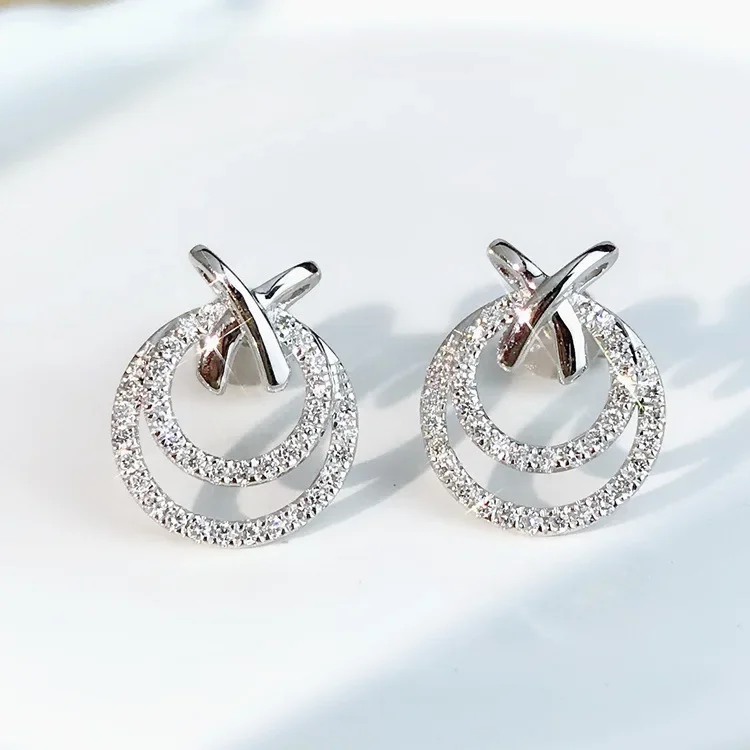 Silver Double Circle Earrings with Zircon Stones 3 Silver Double Circle Earrings with Zircon Stones - Image 3