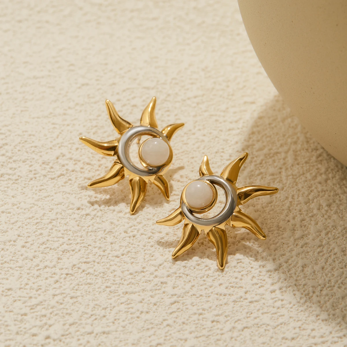 Celestial Sun & Moonstone Earrings in Stainless Steel 5 Celestial Sun & Moonstone Earrings in Stainless Steel - Image 5