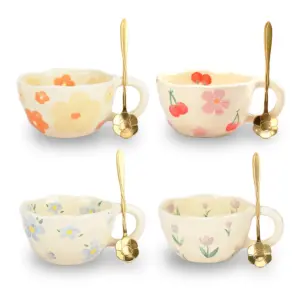 Handcrafted Floral Ceramic Mug with Spoon
