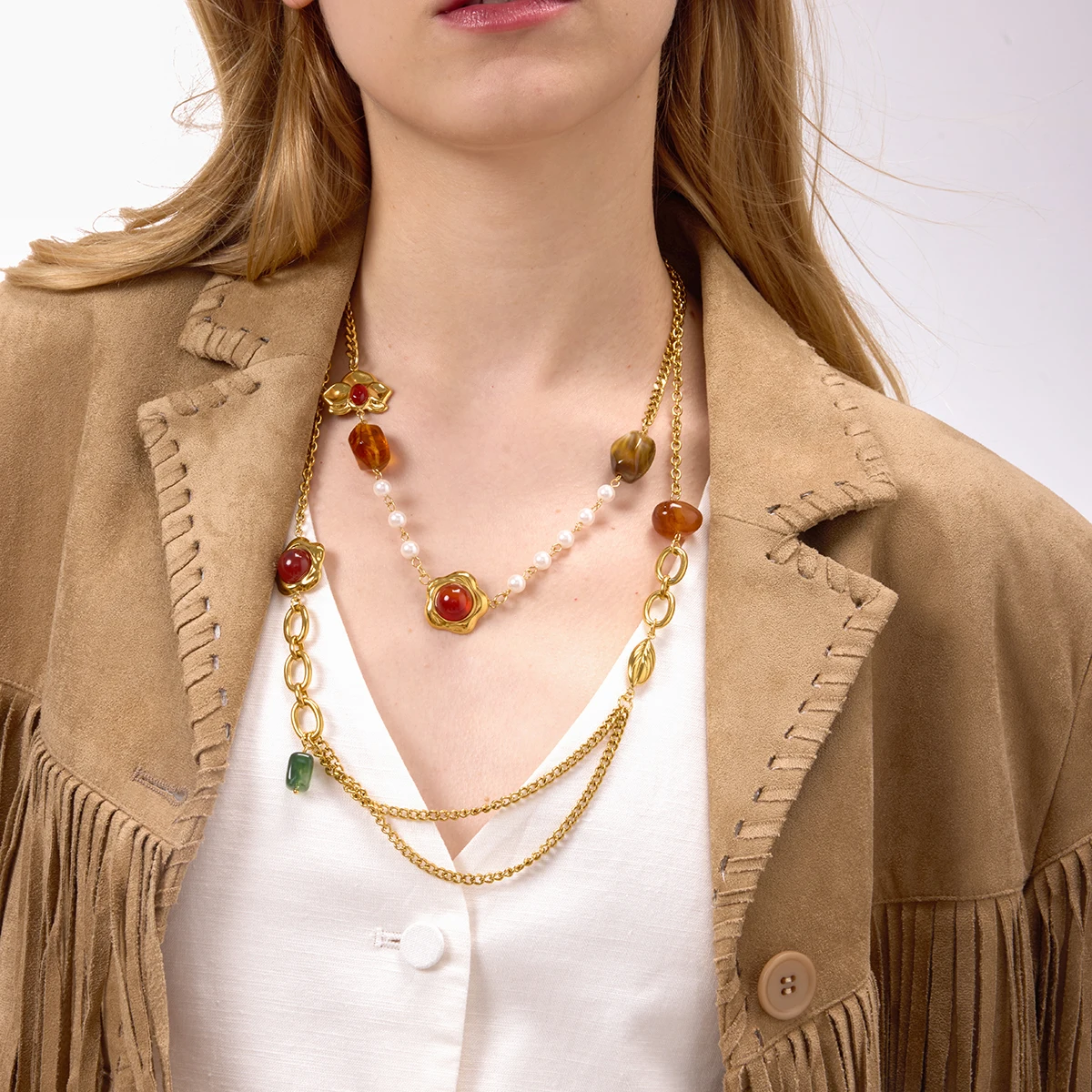 Vintage Gold-Tone Stainless Steel Necklace with Red Agate 3 Vintage Gold-Tone Stainless Steel Necklace with Red Agate - Image 3