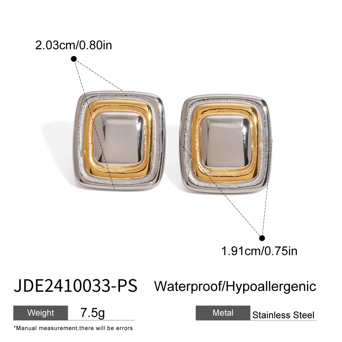 Two-Tone Stainless Steel Square Stud Earrings 7 Two-Tone Stainless Steel Square Stud Earrings - Image 7