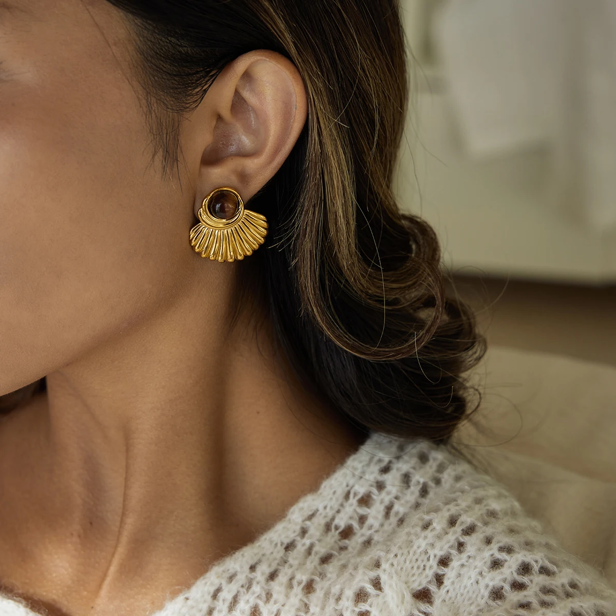 Vintage Stainless Steel Tiger Eye Stud Earrings 3 Vintage Stainless Steel Tiger Eye Stud Earrings - Image 3