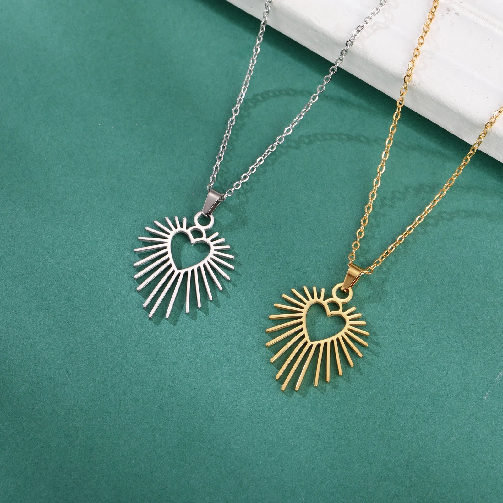 Stainless Steel Sunburst Heart Necklace 5 Stainless Steel Sunburst Heart Necklace - Image 5