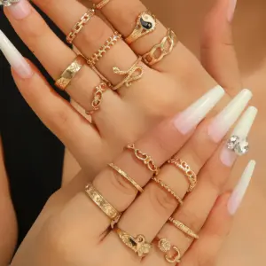 Gold-Color Snake Ring Set with Geometric Designs