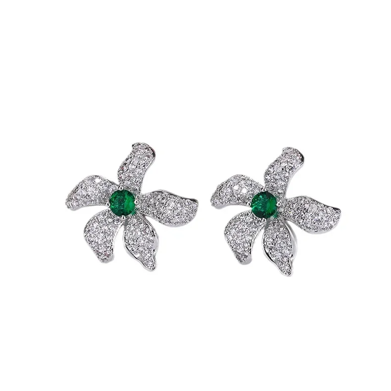 Elegant Silver Flower Stud Earrings with Emerald 6 Elegant Silver Flower Stud Earrings with Emerald - Image 6