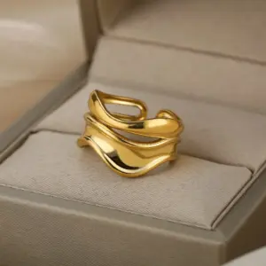Gold Wave Adjustable Ring with Double-Line Pattern 10 Sb7761ffa858b4f65bb886b1bf9c9e196q