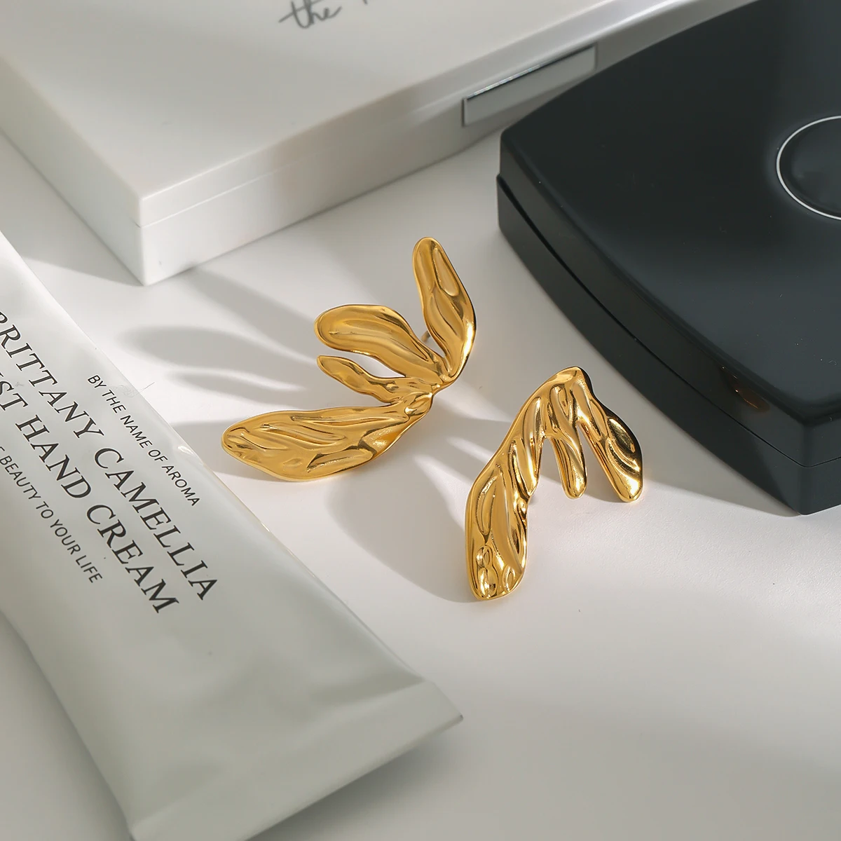 Stainless Steel Gold Leaf Earrings JDE0312006 3 Stainless Steel Gold Leaf Earrings JDE0312006 - Image 3