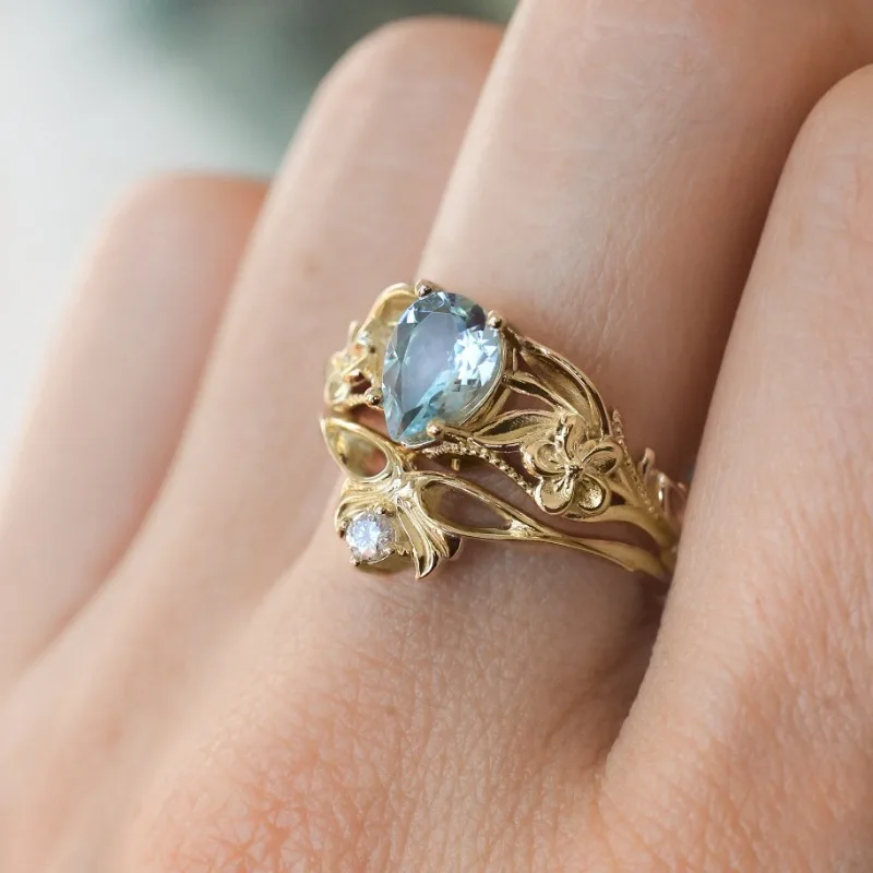 Gold Waterdrop Ring with Zircon Accents 2 Gold Waterdrop Ring with Zircon Accents - Image 2