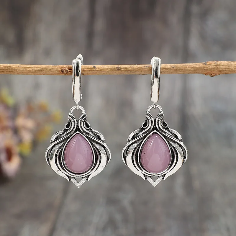 Vintage Silver Water Droplet Earrings with Pink Stones 4 Vintage Silver Water Droplet Earrings with Pink Stones - Image 4