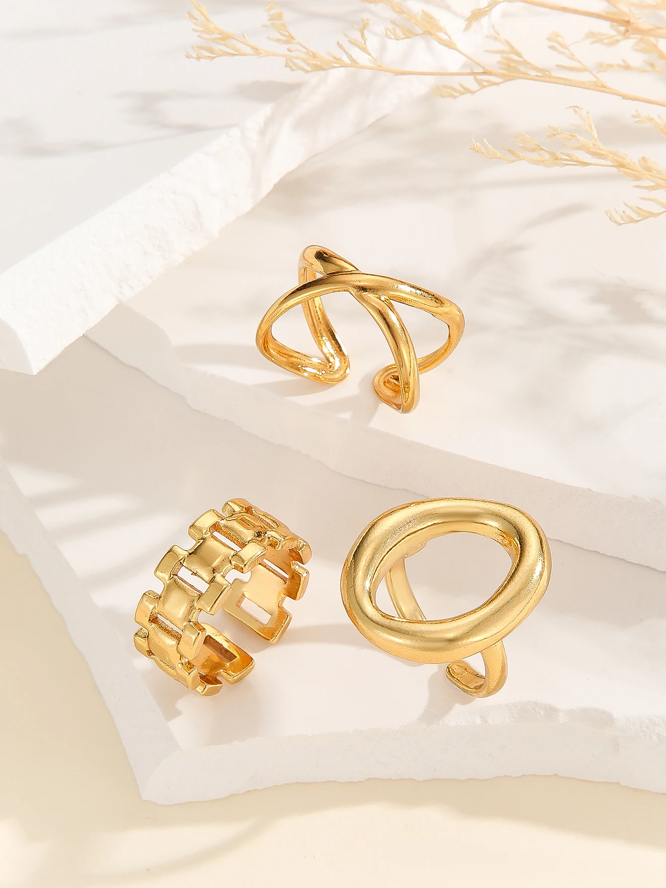 Stylish Set of Three Gold Geometric Rings 5 Stylish Set of Three Gold Geometric Rings - Image 5