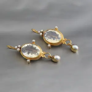 Vintage Oval Drop Earrings with Crystals