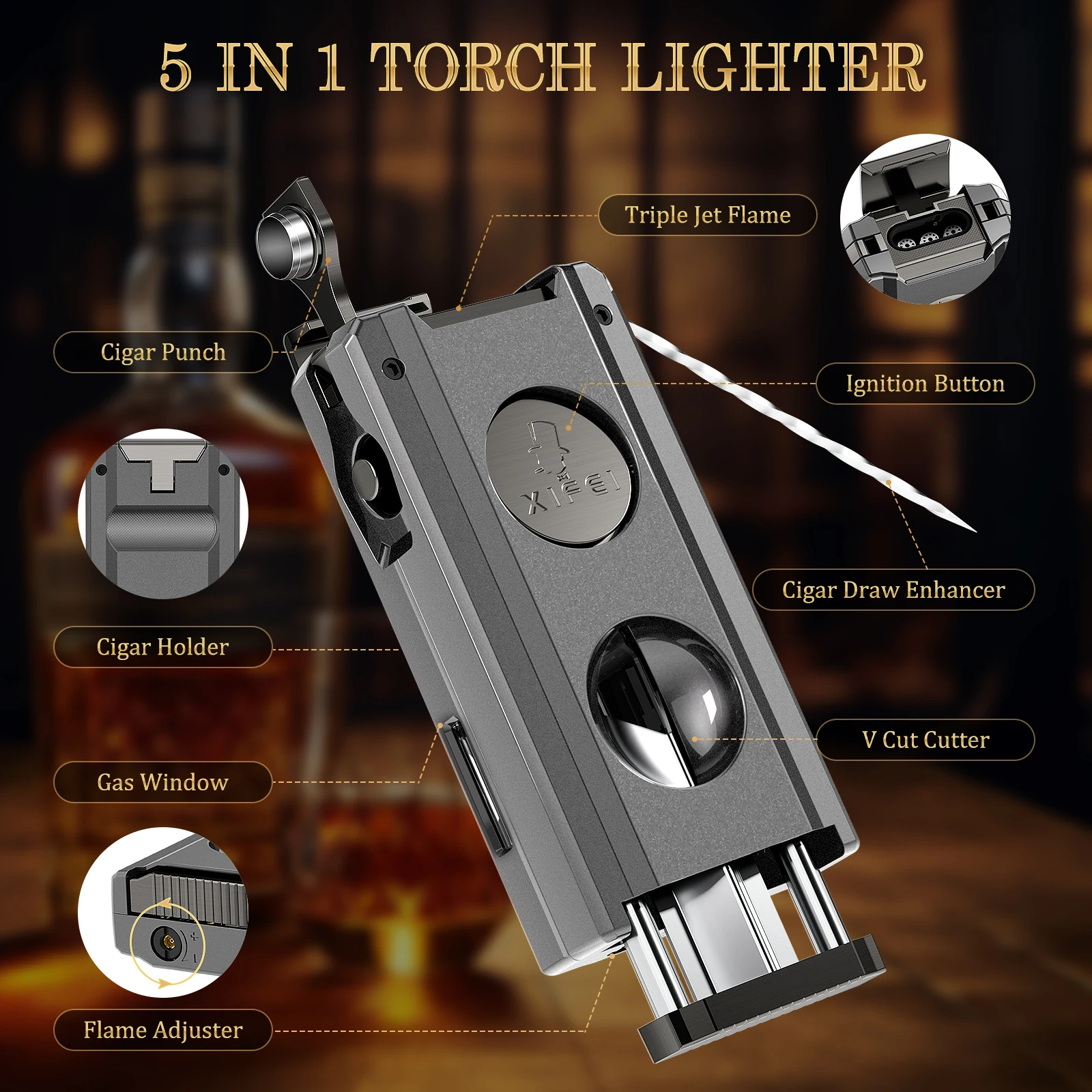 Sleek Metal Cigar Lighter with Multifunction Tools 2 Sleek Metal Cigar Lighter with Multifunction Tools - Image 2