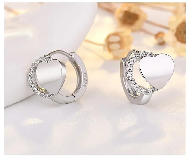 Heart-Shaped Silver Hoop Earrings with Zircon Stones 2 Heart-Shaped Silver Hoop Earrings with Zircon Stones - Image 2