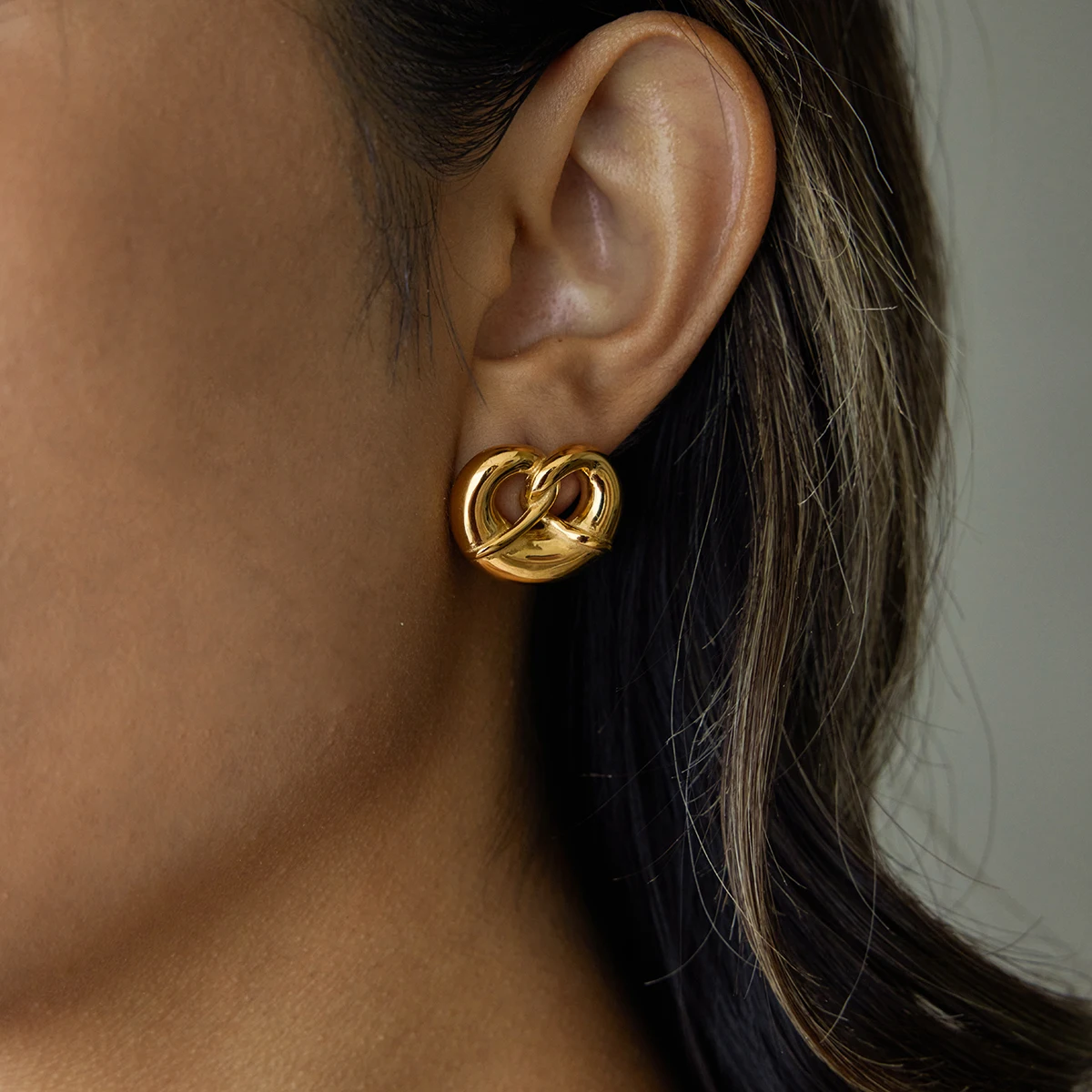 Bold Gold Pretzel Heart Earrings in Stainless Steel 2 Bold Gold Pretzel Heart Earrings in Stainless Steel - Image 2