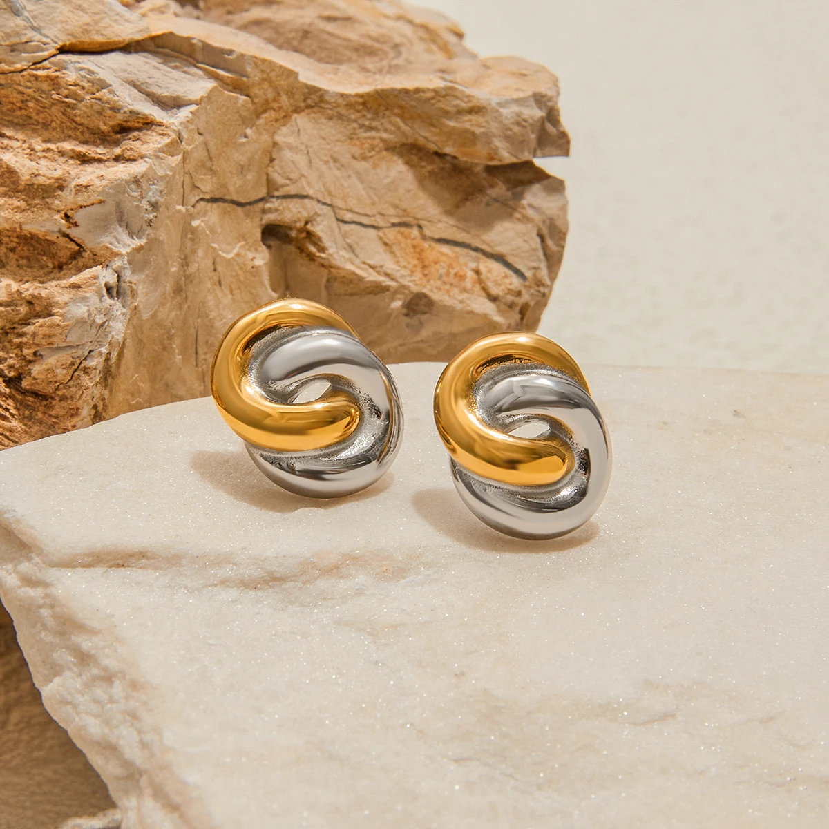 Stainless Steel Two-Tone Geometric Earrings 5 Stainless Steel Two-Tone Geometric Earrings - Image 5