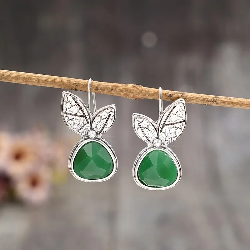 Vintage Leaf Earrings with Green Stones 3 Vintage Leaf Earrings with Green Stones - Image 3