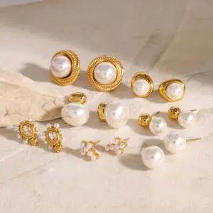 Stainless Steel Pearl and Gold Earrings Set 13 Sc54874dc5408422ea5bba2913a93f93bm