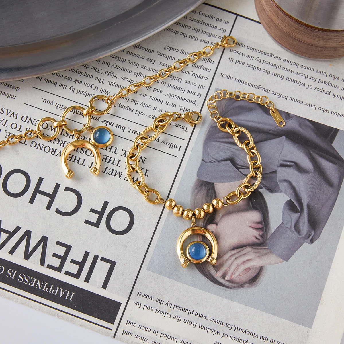 Gold Stainless Steel Bracelet with Blue Horseshoe Pendant 6 Gold Stainless Steel Bracelet with Blue Horseshoe Pendant - Image 6