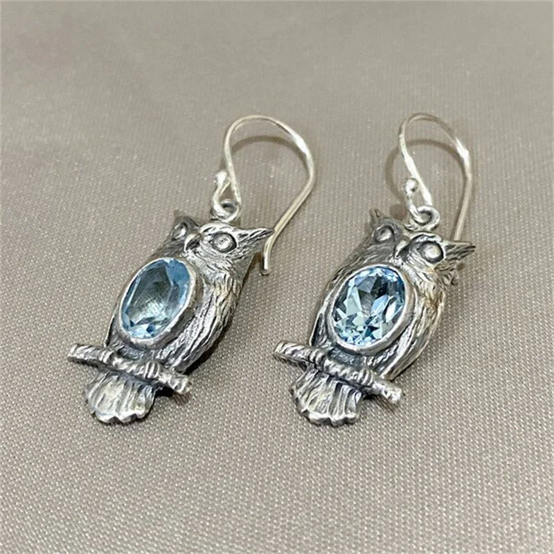 Vintage Owl Earrings with Sea Blue Stone 4 Vintage Owl Earrings with Sea Blue Stone - Image 4