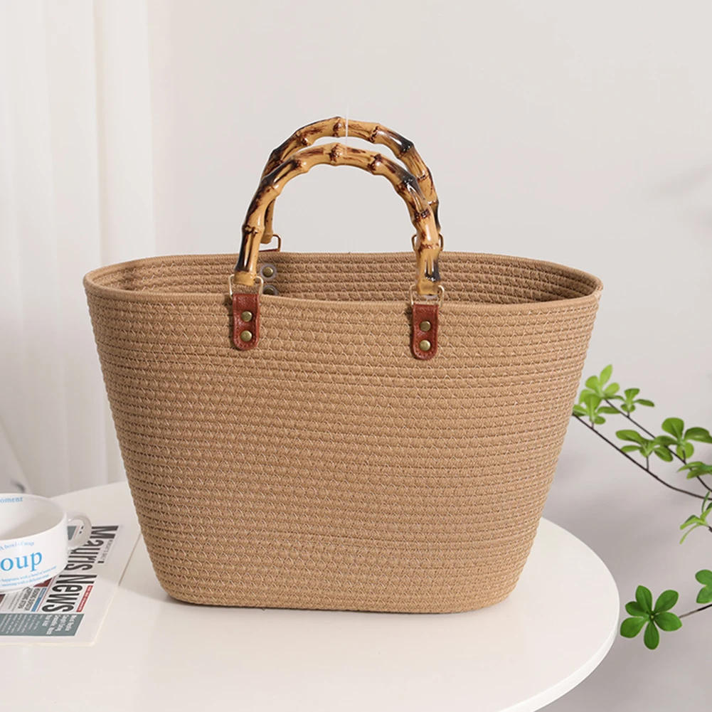 Cotton Woven Summer Handbag with Bamboo Handle 7 Cotton Woven Summer Handbag with Bamboo Handle - Image 7