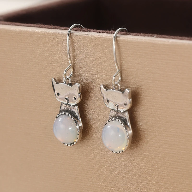 Silver Cat Moonstone Earrings for Women 5 Silver Cat Moonstone Earrings for Women - Image 5