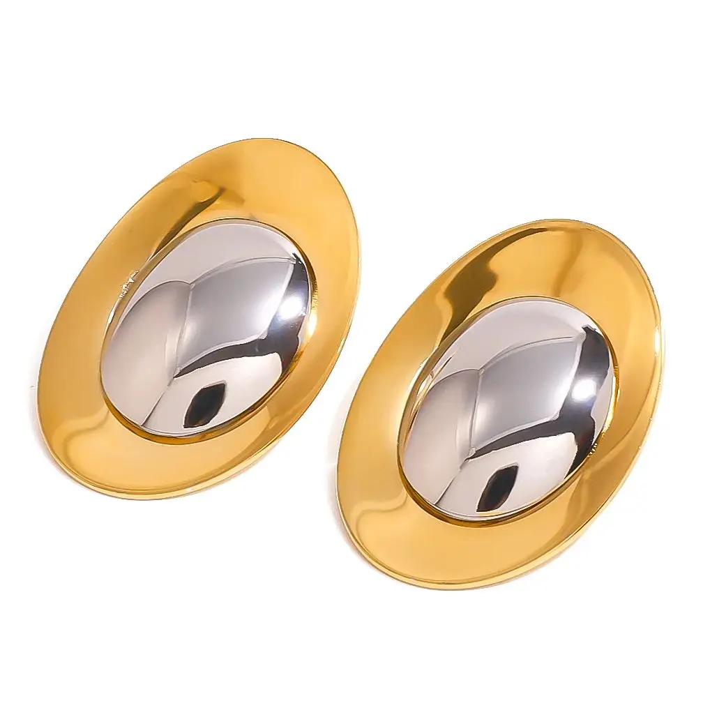Stainless Steel Oval Earrings with Gold Tone 1 Stainless Steel Oval Earrings with Gold Tone