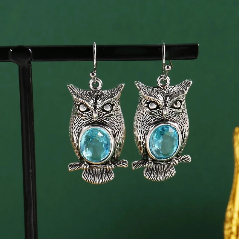 Vintage Owl Earrings with Sea Blue Stone 6 Vintage Owl Earrings with Sea Blue Stone - Image 6