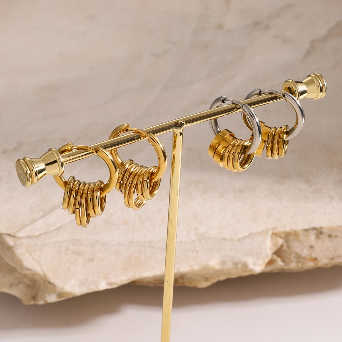 Stainless Steel Hoop Earrings with Layered Rings 4 Stainless Steel Hoop Earrings with Layered Rings - Image 4