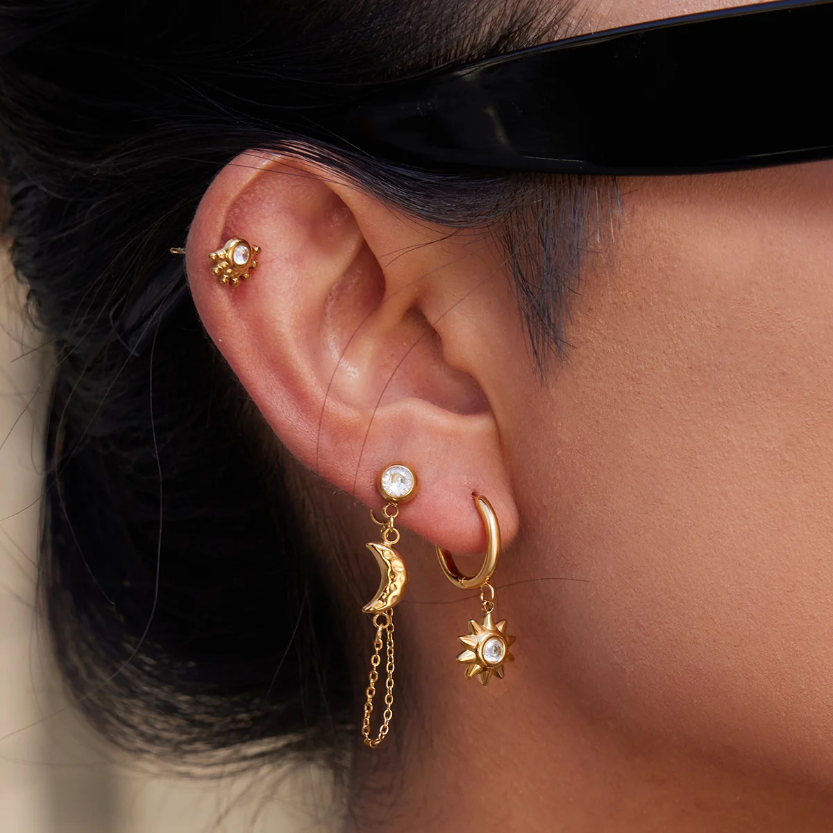 Gold Stainless Steel Earring Set with Zircon Stones 4 Gold Stainless Steel Earring Set with Zircon Stones - Image 4