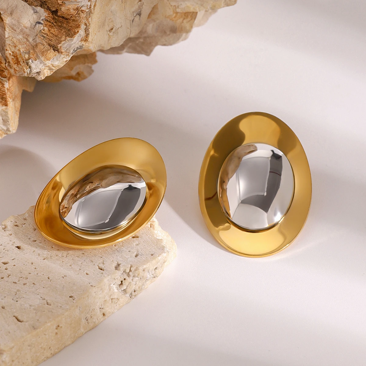 Stainless Steel Oval Earrings with Gold Tone 6 Stainless Steel Oval Earrings with Gold Tone - Image 6