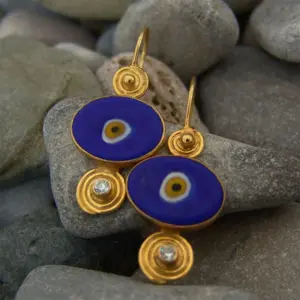 Navy Blue Enamel Dangle Earrings with Evil Eye