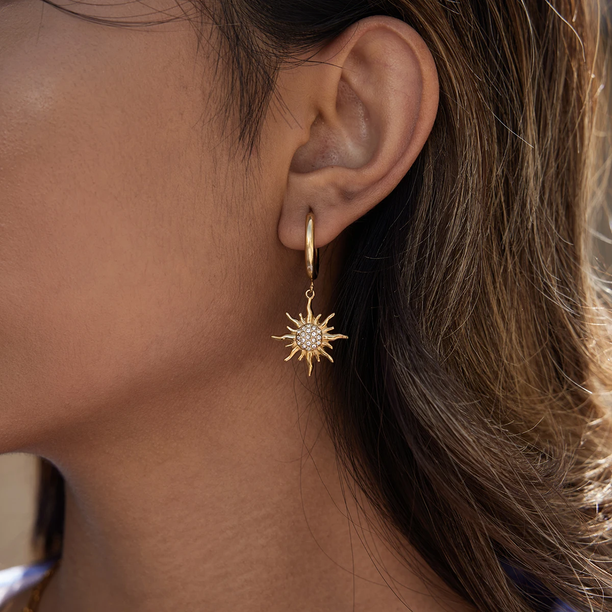 Stainless Steel Sunburst Hoop Earrings 3 Stainless Steel Sunburst Hoop Earrings - Image 3